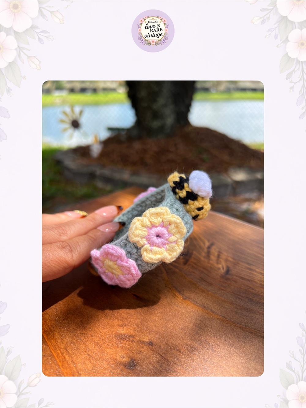 Crochet Friendship Bracelet • Pink, Yellow, White & Green • Flowers • Bumblebee
